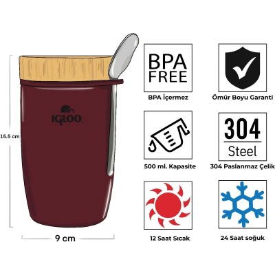 Igloo Bamboo Yemek Termosu 500ml-BORDO-Igloo Igloo Bamboo Yemek Termosu 500ml-BORDO-Igloo